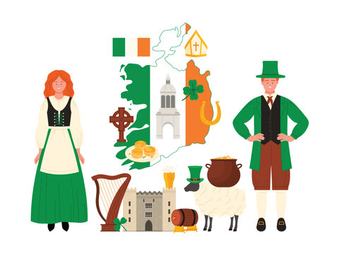 Travel to Ireland infographic poster collage with Irish man and woman in traditional dress, culture elements and famous sightseeing, leprechauns gold and rainbow, shamrock cartoon vector illustration