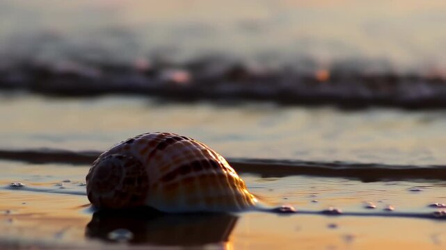 Close-up of seashell on shoreline at dusk, reflecting the golden light in wet sand