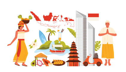 Fototapeta premium Indonesian culture elements and landmarks, travel to Indonesia infographic collage with people in traditional costumes, spiritual temple, beach hut and tropical fruits cartoon vector illustration