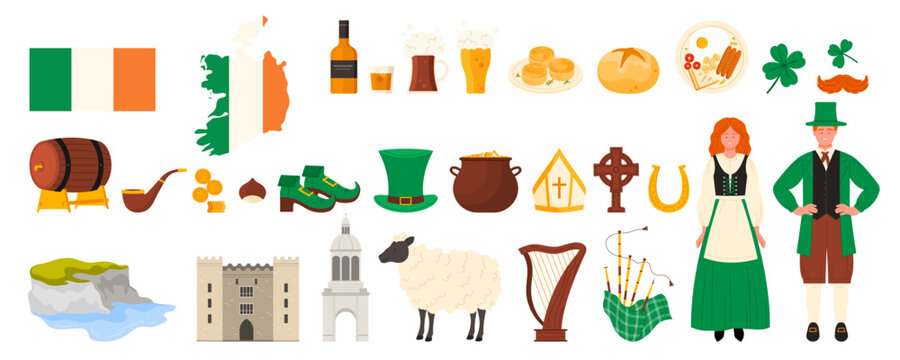 Travel to Ireland set. Irish people in national costumes, elements of culture and landmarks, Cliffs of Moher landscape and Ashford Castle, Saint Patrick festival items cartoon vector illustration