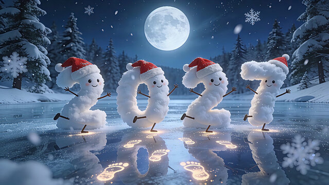 Whimsical and playful numbers 2027 formed entirely from thick, fluffy white snow, styled as cute characters with stick-like arms and legs, each wearing a festive red Santa hat.