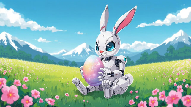 easter egg robotic bunny in the grass with beautiful view vector illustration background