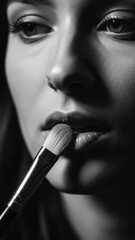 Obraz premium B&W close-up of a person's face with a makeup brush touching their lips