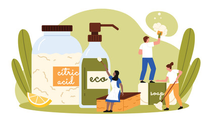 Plakat Cleaning service, housekeeping with eco friendly biodegradable and safe products. Tiny people in apron clean home kitchen and household with ecologic detergent, citric acid cartoon vector illustration