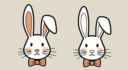 Fototapeta premium Two cute rabbit heads with bow ties in a minimalist, flat design style, ideal for festive themes