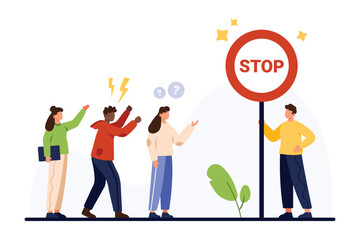 Obraz premium A diverse group is enthusiastically reacting to a classic stop sign, engaging in dynamic conversations, depicted in a colorful vector illustration that captures urban life and interaction