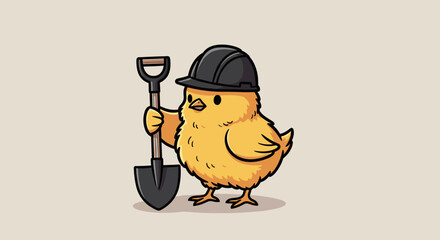 Fototapeta premium A cute cartoon chick wearing a hard hat and holding a shovel, illustrated in a playful style for children's themes