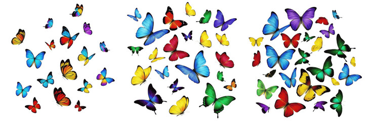 Swarm of butterflies Lepidoptera isolated on white background, colorful flying butterflies, Monarch, Swallowtail, Painted Lady, migratory butterflies, butterfly macro photography, insect swarm cluster © NigCocu