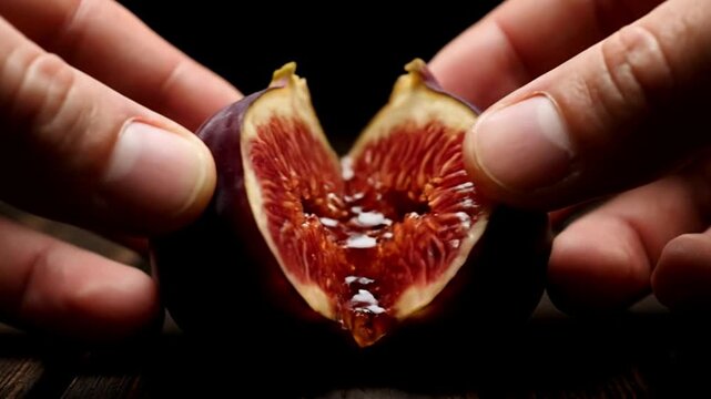 Extreme Macro of Ripe Fig Being Opened Revealing Intricate Red Interior Texture