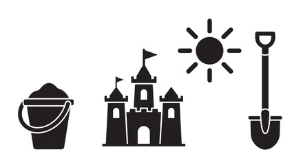 Beach sand castle building vector illustration with bucket, spade, and sunshine icon set © Baby
