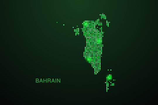 Bahrain Map - Digital dotted map with glowing green points on dark background, modern technology style, abstract data network design, clean minimal geometric vector illustration.