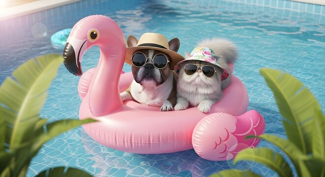 Chic Dog And Cat Relaxing In A Swimming Pool On A Pink Flamingo Inflatable Float