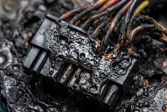 Extreme macro close-up entirely filling the frame with a severely melted and charred black plastic power connector