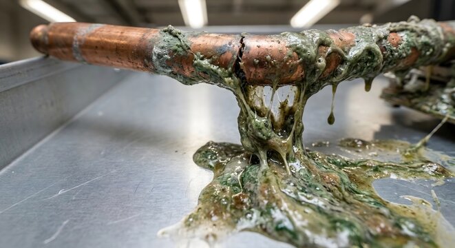 Extreme macro close-up of coagulated thermal cooling fluid leaking from a copper heat pipe onto a steel casing