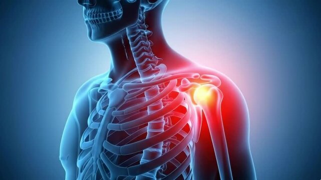 3d illustration of human skeleton with highlighted shoulder joint and glowing pain area on right side