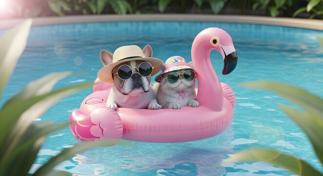 Adorable Pet Duo Enjoys a Relaxing Summer Vacation Day Floating on a Flamingo in the Pool