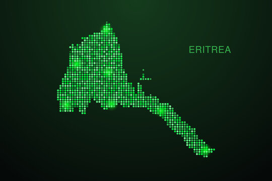 Eritrea Map - Digital dotted map with glowing green points on dark background, modern technology style, abstract data network design, clean minimal geometric vector illustration.