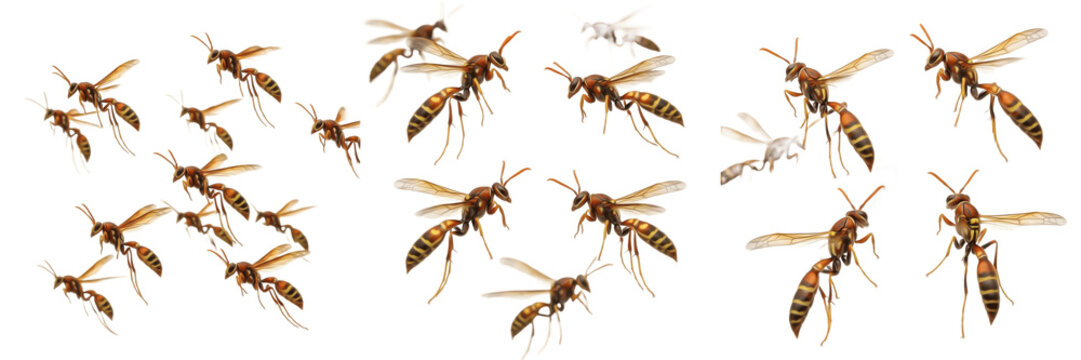 Swarm of paper wasps Polistes isolated on white background, slender flying wasps, social wasp swarm, insect cluster macro, predatory wasps, paper wasp photography, flying pollinator insects