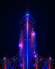 Digital growth technology background with glowing blue neon arrow rising red and blue electronic circuit board pattern for innovation and corporate success