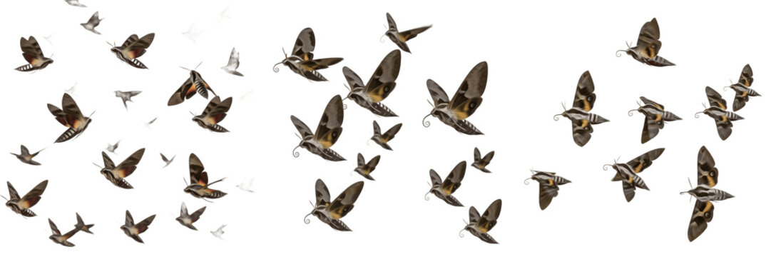 Swarm of hawk moths Sphingidae isolated on white background, large fast flying moths, pollinator moths, sphinx moth cluster macro, nocturnal insect swarm, flying hawk moths photography