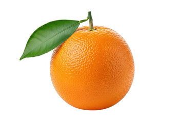 A single, ripe orange with a green leaf, isolated on a transparent background