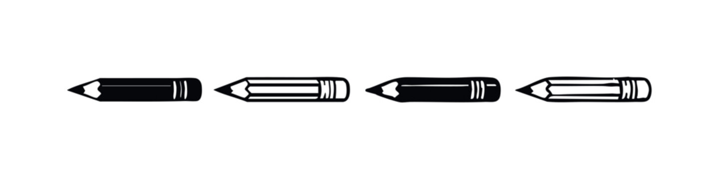 Hand-drawn doodle style pencil tips icon set, black and white vector illustration for writing and drawing.