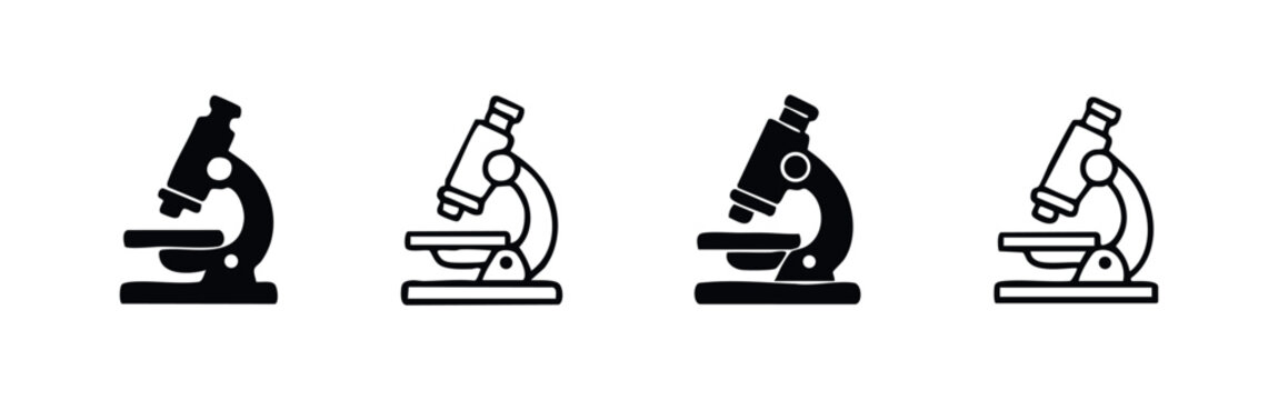 Hand-drawn doodle style laboratory microscope icon set, black and white vector for biology and research.