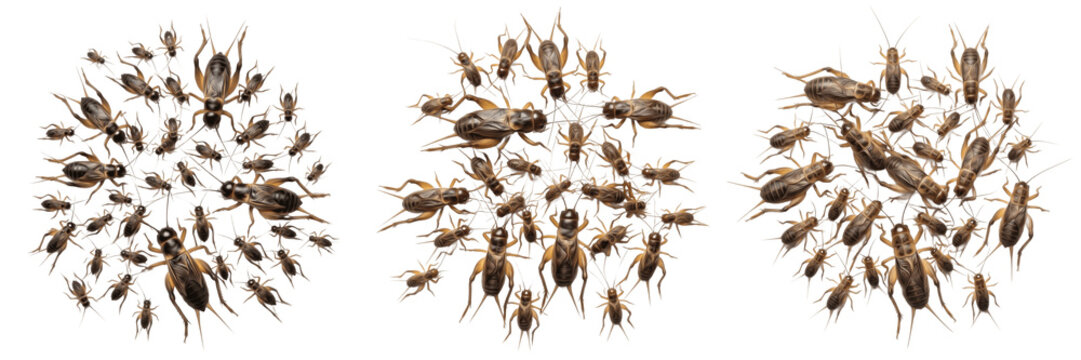 Swarm of camel crickets Rhaphidophoridae isolated on white background, humpbacked insects, cave and field crickets, insect cluster macro, nocturnal cricket swarm, flying and jumping crickets photograp