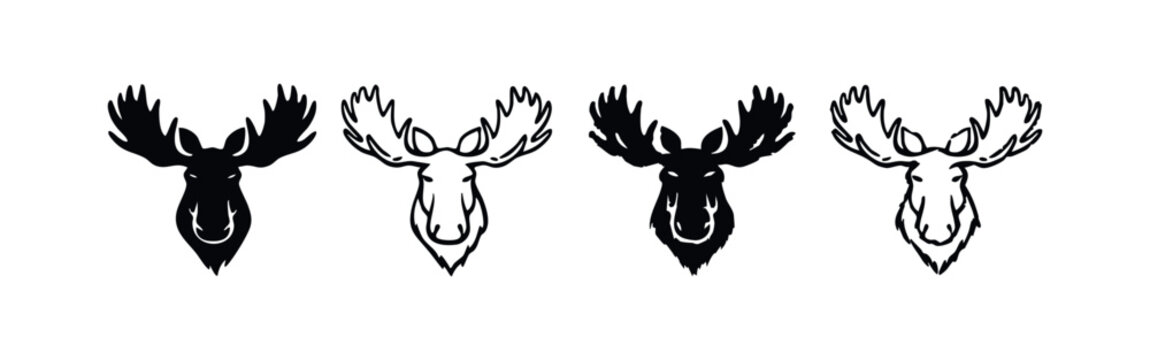 Moose head silhouette and outline vector illustrations set
