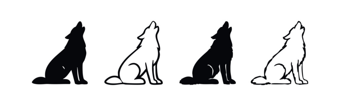 Howling wolf silhouette and outline vector illustrations set