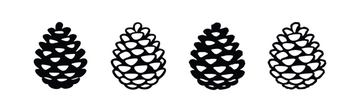 Collection of stylized pine cones in black and white solid and outline styles, perfect for nature and winter themes.