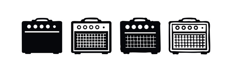 Detailed Guitar Amplifier Icons Set. Black and white vector silhouettes and outlines of audio amps with speaker grilles.