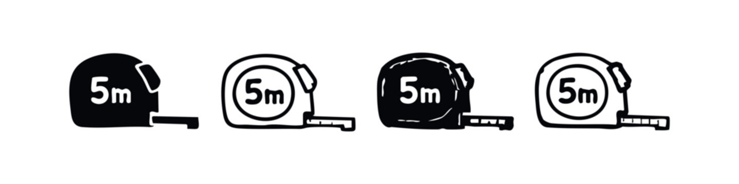 5 Meter Measuring Tape Icons Set. Black and white vector silhouettes and outlines of metric measurement tools.