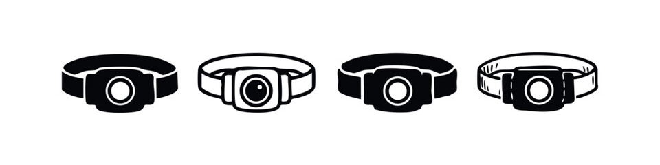 Headlamp Device Icons Set. Outdoor Activity and Adventure Headlight Outline and Solid Vector Illustrations on White Background.
