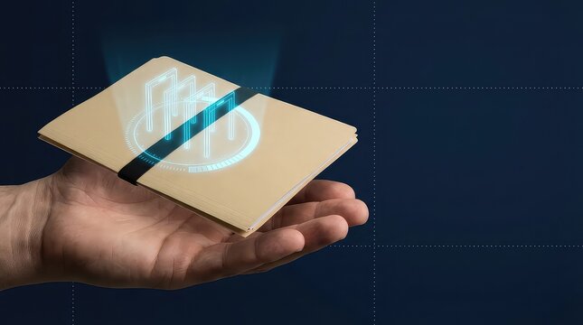 Compliance document packet with hologram checkpoint workflow in hand on navy background, secure business filing banner with clean copy space