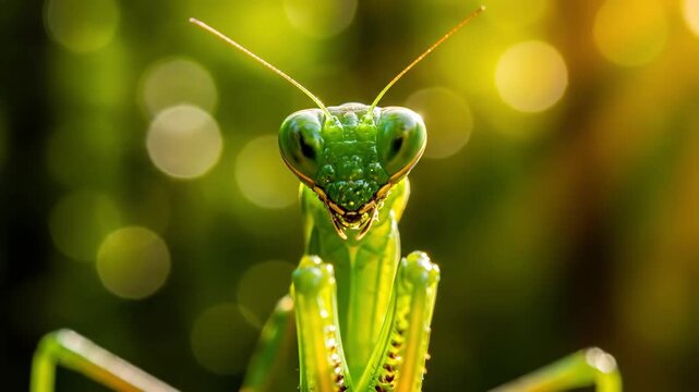 Close-up of a green mantis insect with soft background light.