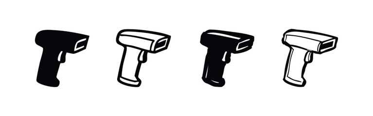 Barcode scanner icon set. Handheld device for retail and inventory management. Vector illustration in black and outline styles. © liubomir118809
