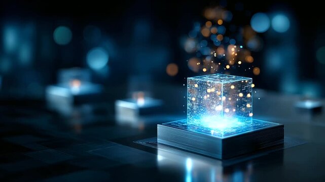 Futuristic hologram of data cube emitting light and rising from flat surface representing advanced tech structures, levitating information box, with copy space