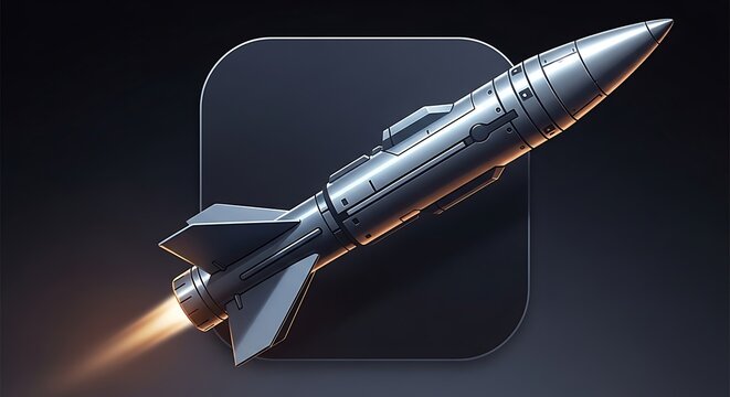 Detailed 3d model of advanced metallic rocket missile launching from dark square platform with orange fire burst against moody black gradient background sky