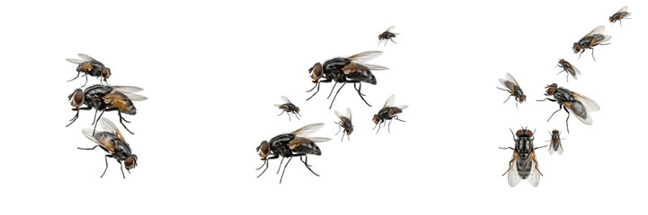 Swarm of blister flies Psilidae isolated on white background, slender flies, insect cluster macro, flying Psilidae swarm, plant-feeding flies, pest fly swarm photography, dipteran insect swarm © NigCocu