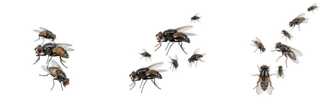 Swarm of blister flies Psilidae isolated on white background, slender flies, insect cluster macro, flying Psilidae swarm, plant-feeding flies, pest fly swarm photography, dipteran insect swarm