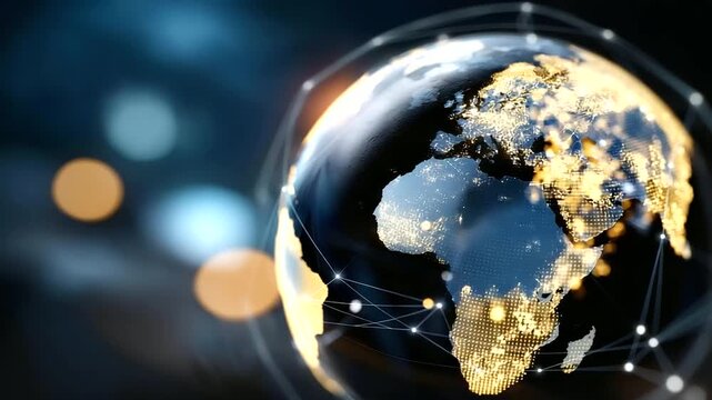 Global network interconnected sphere visualization, worldwide connection concept, planetary network display, earth connectivity graphic, international communication sphere,