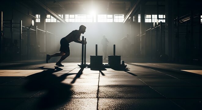 Determined Athlete Pushing Heavy Weighted Sled in Dramatic Backlit Gym During Intense Strength Training