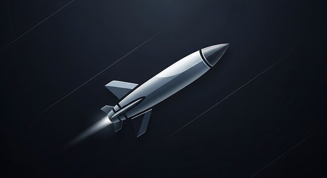 Metallic silver missile rocket flying through dark space background with diagonal light streaks showing high speed movement for military defense technology