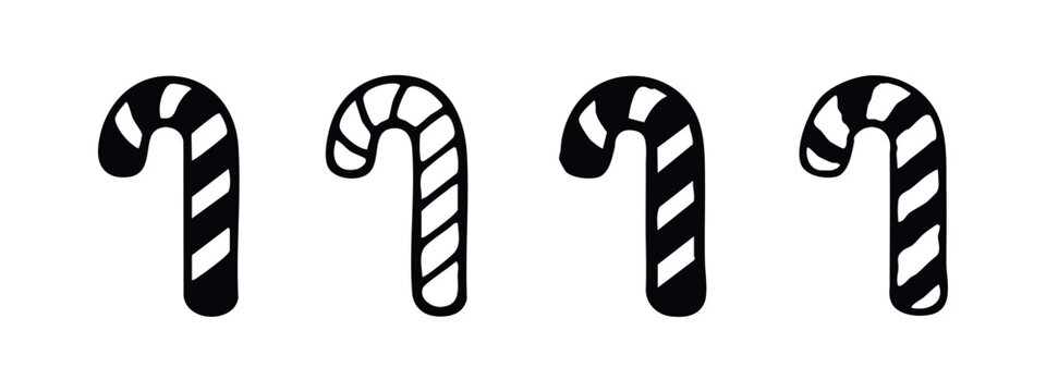 Candy cane icon set. Traditional striped peppermint stick in various black and white vector styles.