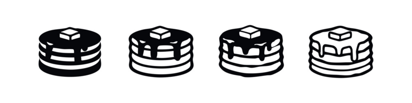 Pancakes with syrup and butter cube icons set, hand drawn breakfast food vector illustration.