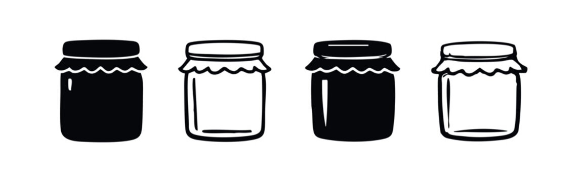 Jam jar icons set, hand drawn doodle style vector illustration of preserve jars.