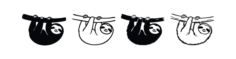 Cute Sloth Icon Set. Lazy Animal Hanging from Branch Silhouettes and Outlines. © liubomir118809