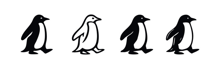 Fototapeta premium Set of stylized black and white walking penguin icons, isolated on white background. Simple vector illustrations for animal themes or character design.