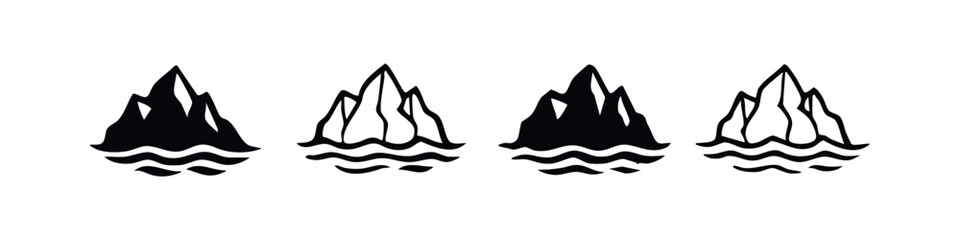Set of stylized black and white iceberg icons with waves, isolated on white background. Vector illustrations for marine, cold climate, or nature concepts. © liubomir118809